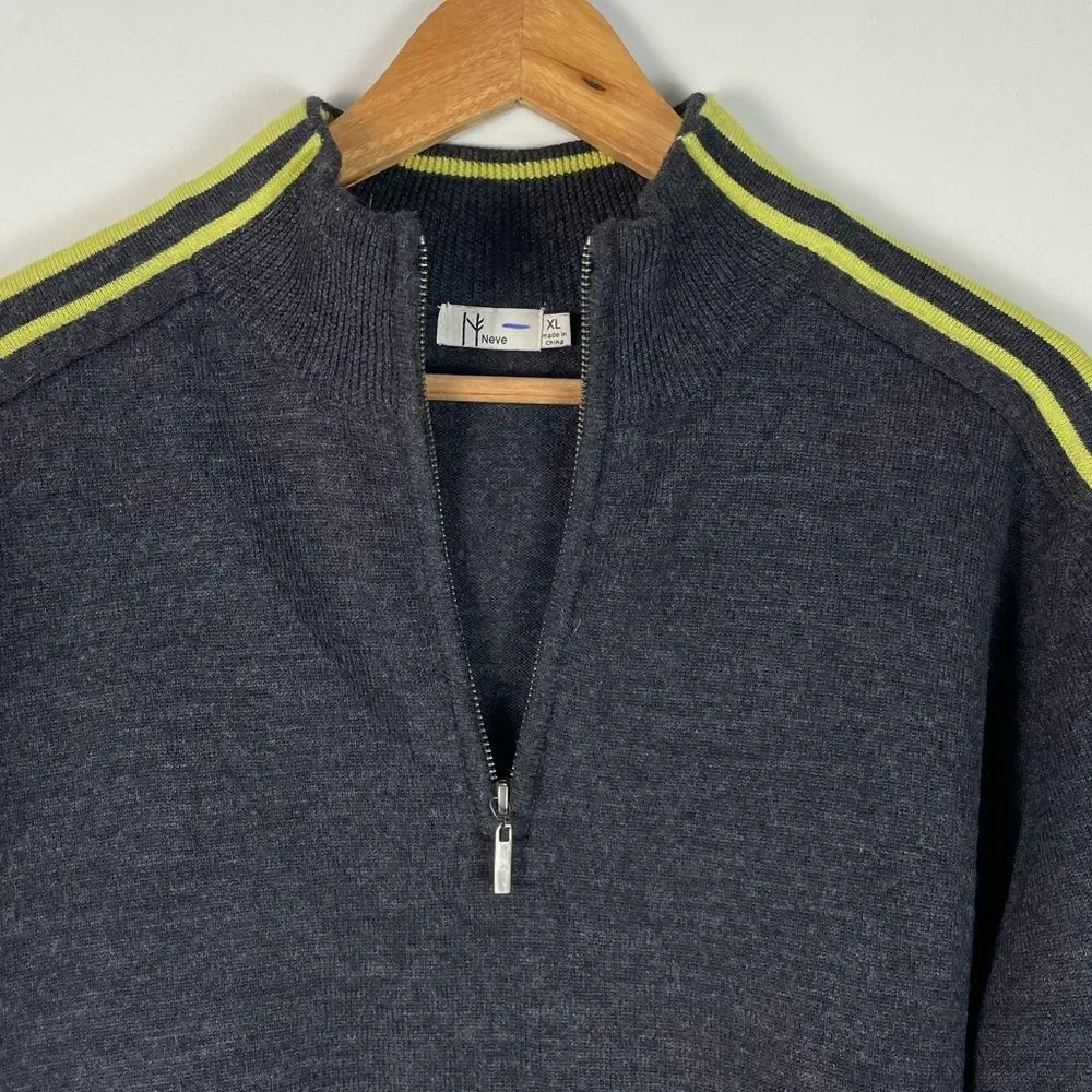 Neve Grey 100% Wool Long Sleeves Mock Neck Quater Zip Sweater‎ Size XL